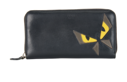 Fendi Monster Bugs Eye Zip Around Wallet, Leather, Black, 03316393, 2*